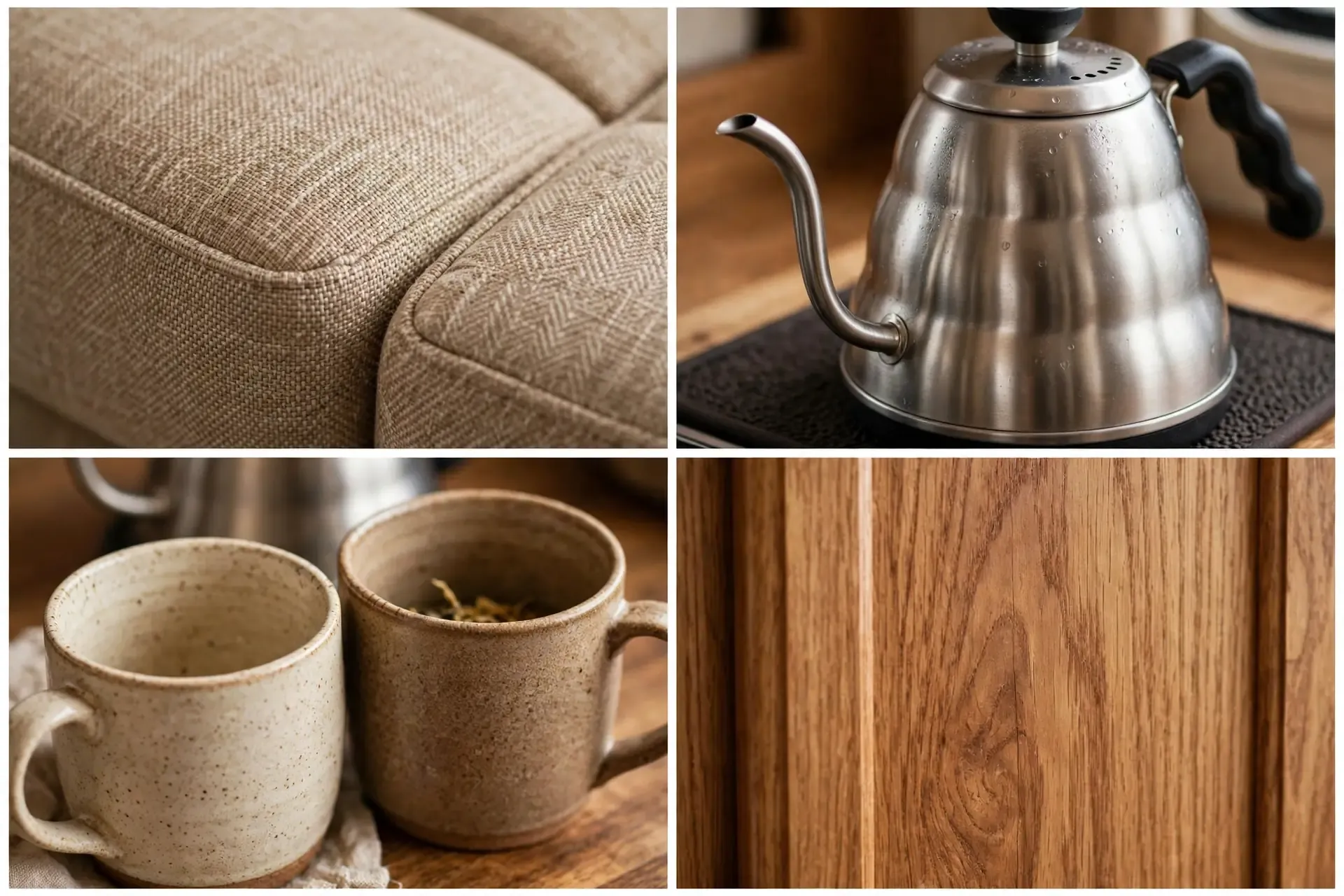 Close-up details of the RV loveseat and tea station: loveseat fabric, kettle, mugs and warm wood grain