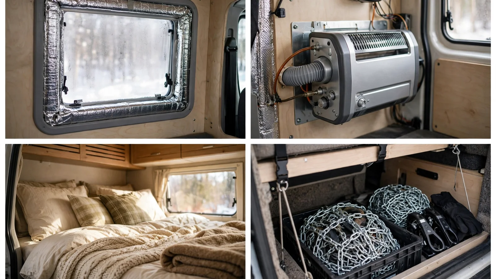 Four-panel detail collage of the Snowline Sprinter showing insulated windows, diesel heater, warm bedding and snow chains
