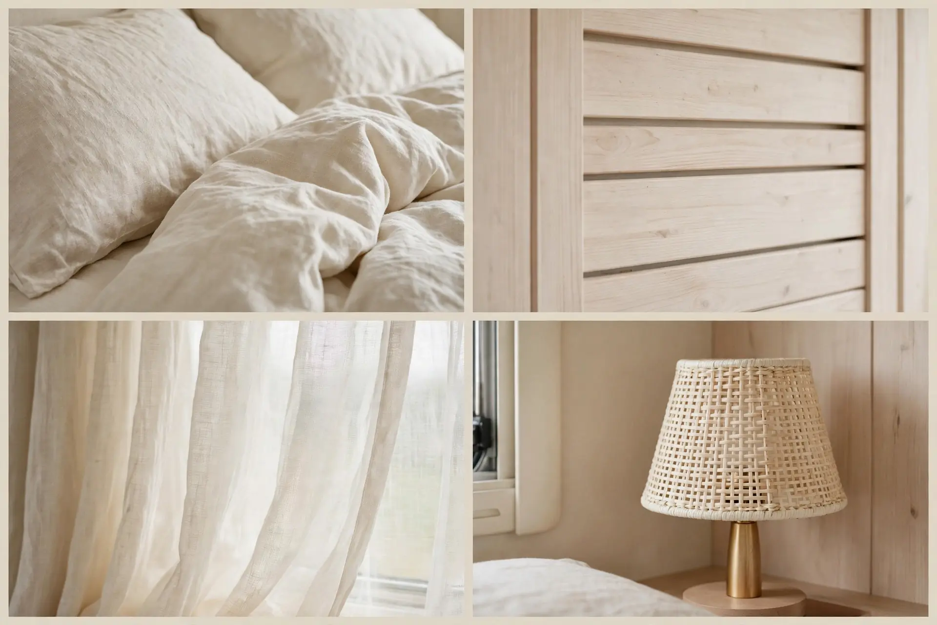Detail collage of cream linen bedding, pale wood paneling, sheer curtain and bedside lamp