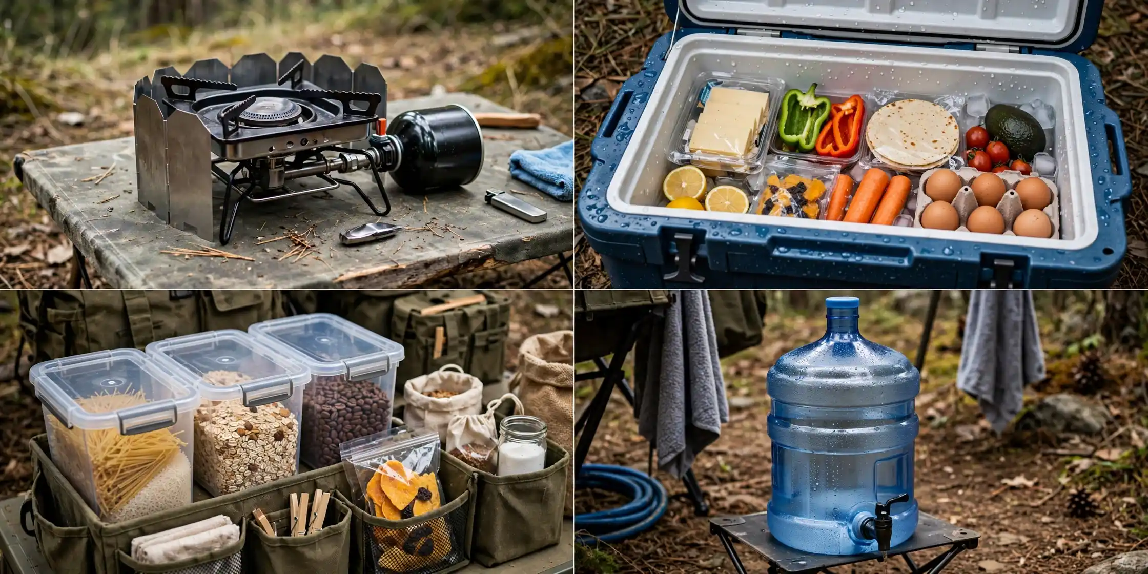Detail collage of the stove and cooler pantry: burner, cooler food, dry bins, water jug