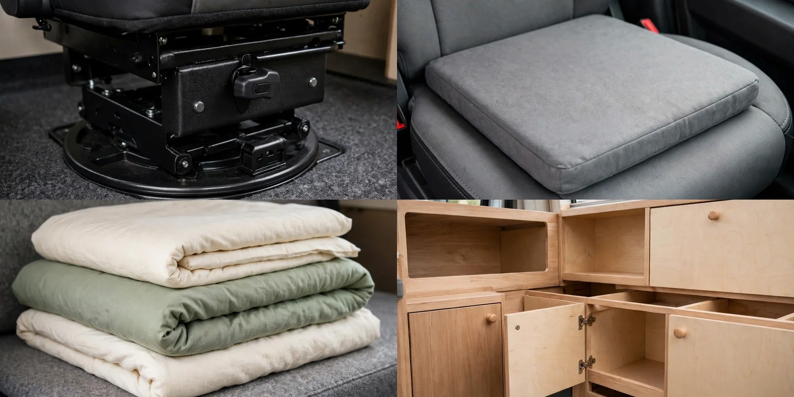 Four detail views of a camper van swivel cab bed: the black swivel chair base, the grey filler cushion, folded cream and sage bedding, and light-wood cab storage compartments