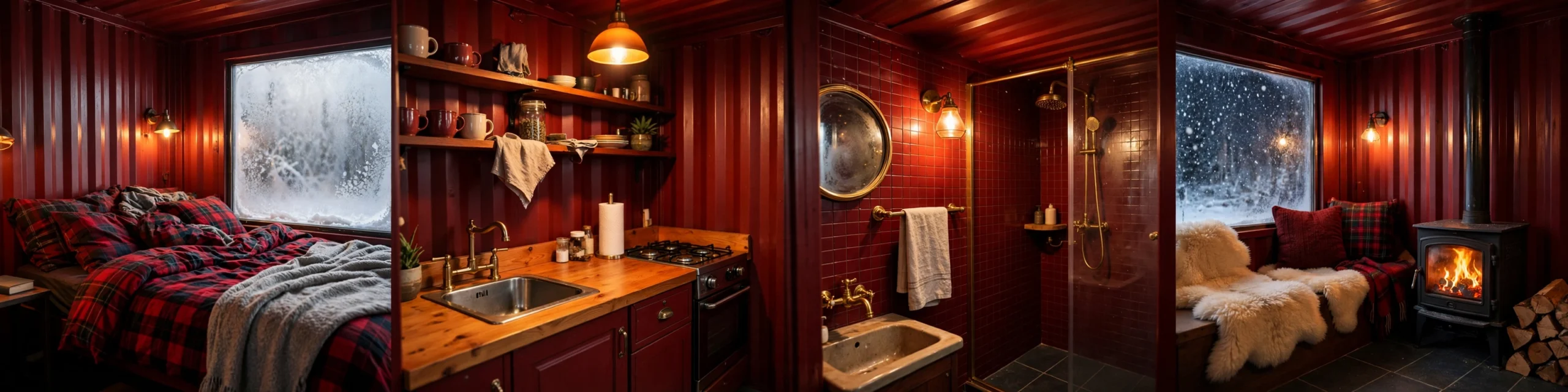 Interior collage of the snowline refuge: flannel bedroom, red-cabinet kitchen, red-tile bathroom, and living area with a crackling wood stove