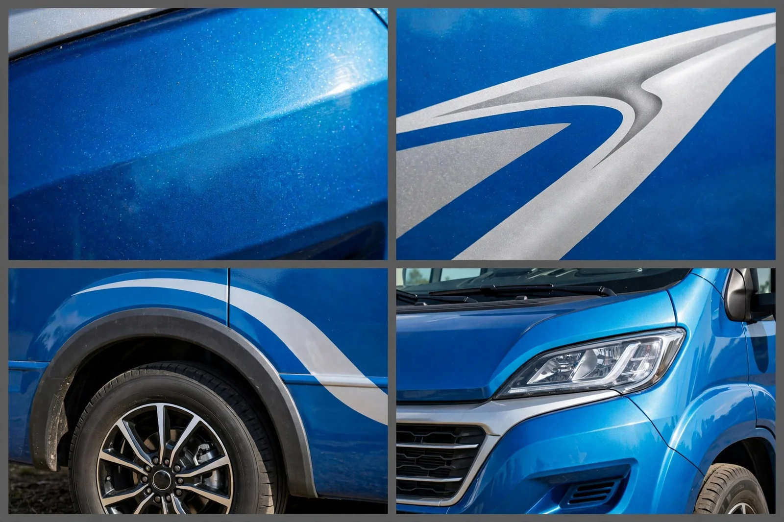 Four-panel detail collage of the electric blue and silver motorhome design