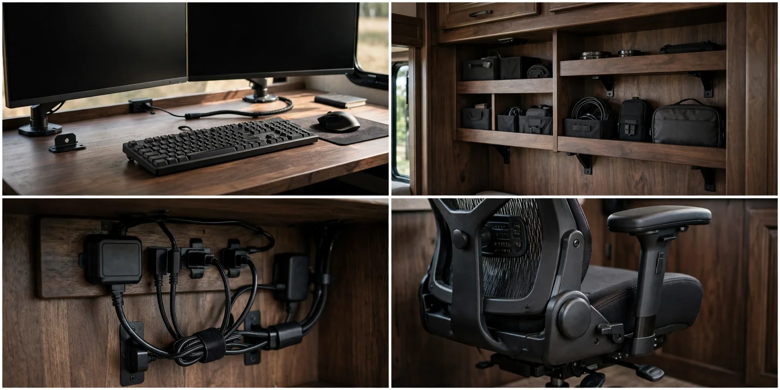 Four-panel detail collage of a dual-monitor RV command wall showing the desk surface, wall storage shelves, cable management, and ergonomic office chair