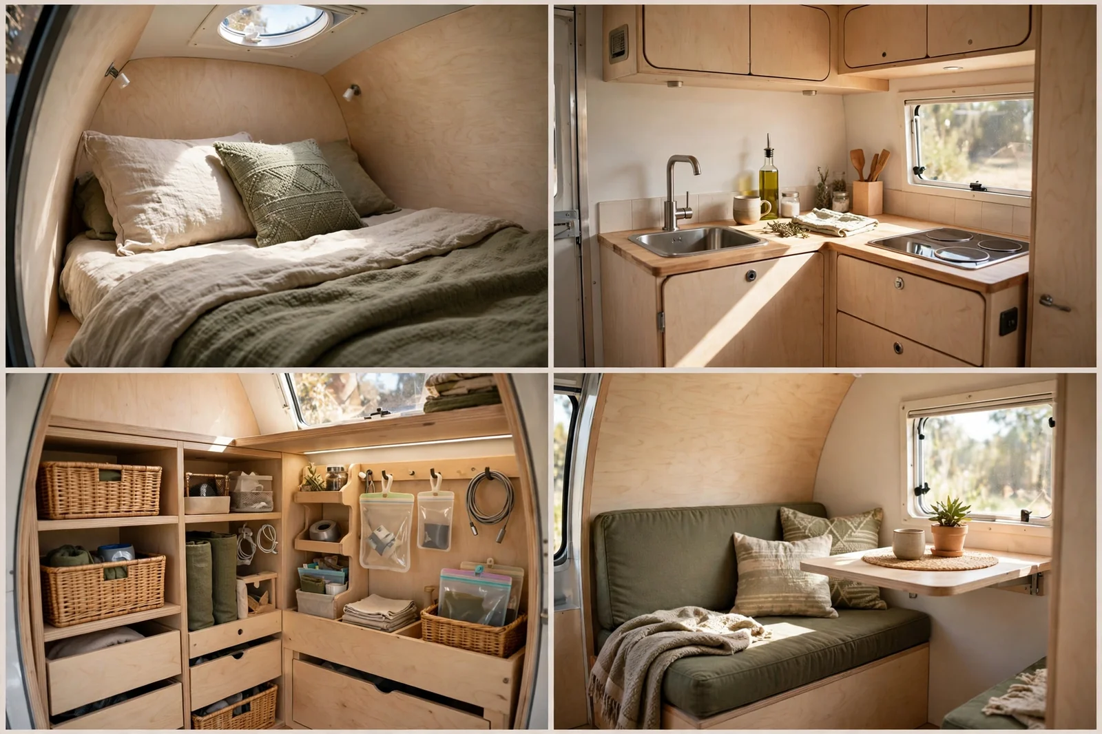 Four detail views of a solo teardrop camper: single bed, kitchenette, storage shelves, and seating area