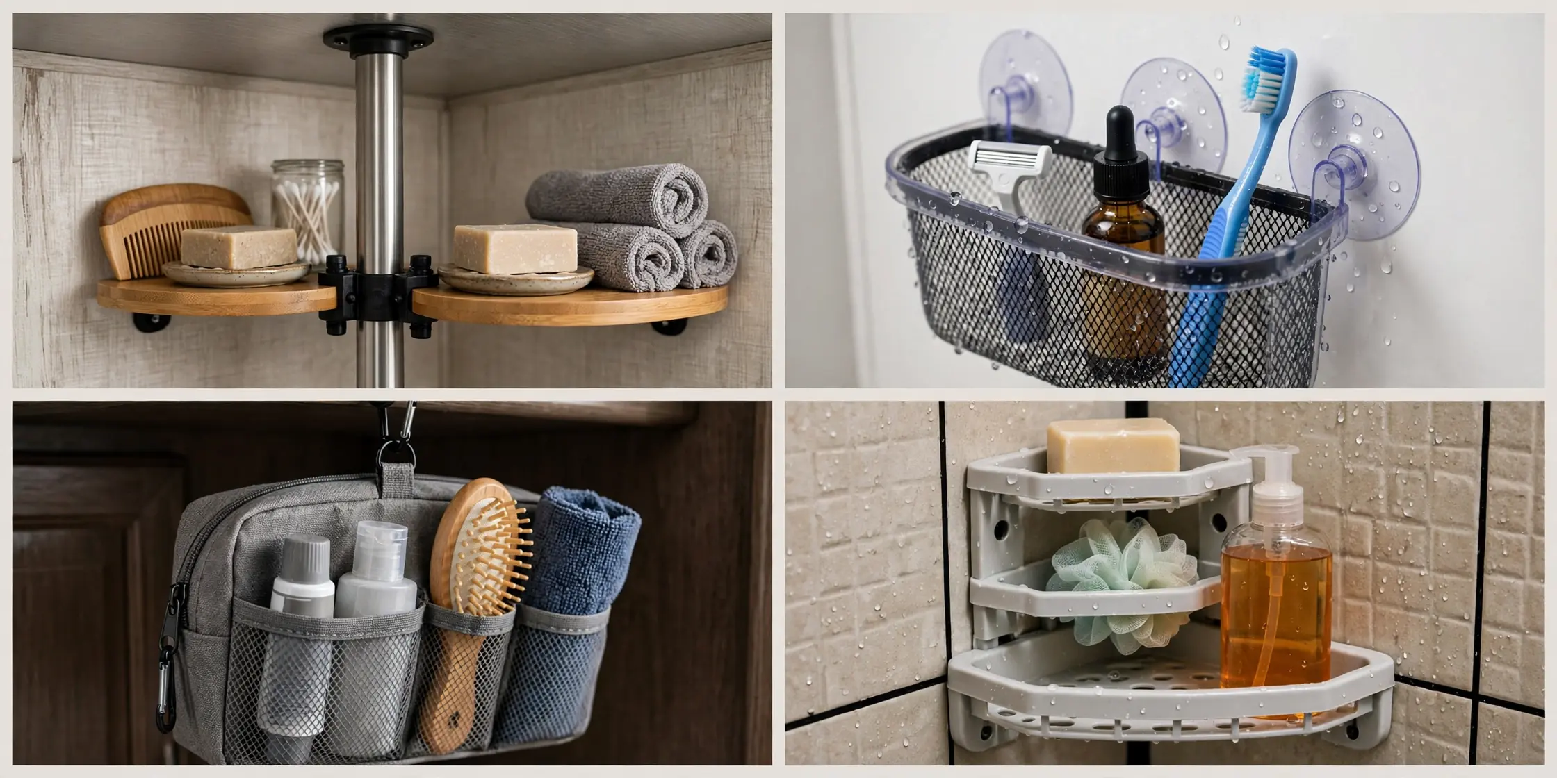 Close-up details of an RV bathroom caddy system: tension pole shelves, suction basket, toiletry pouch and shower shelf