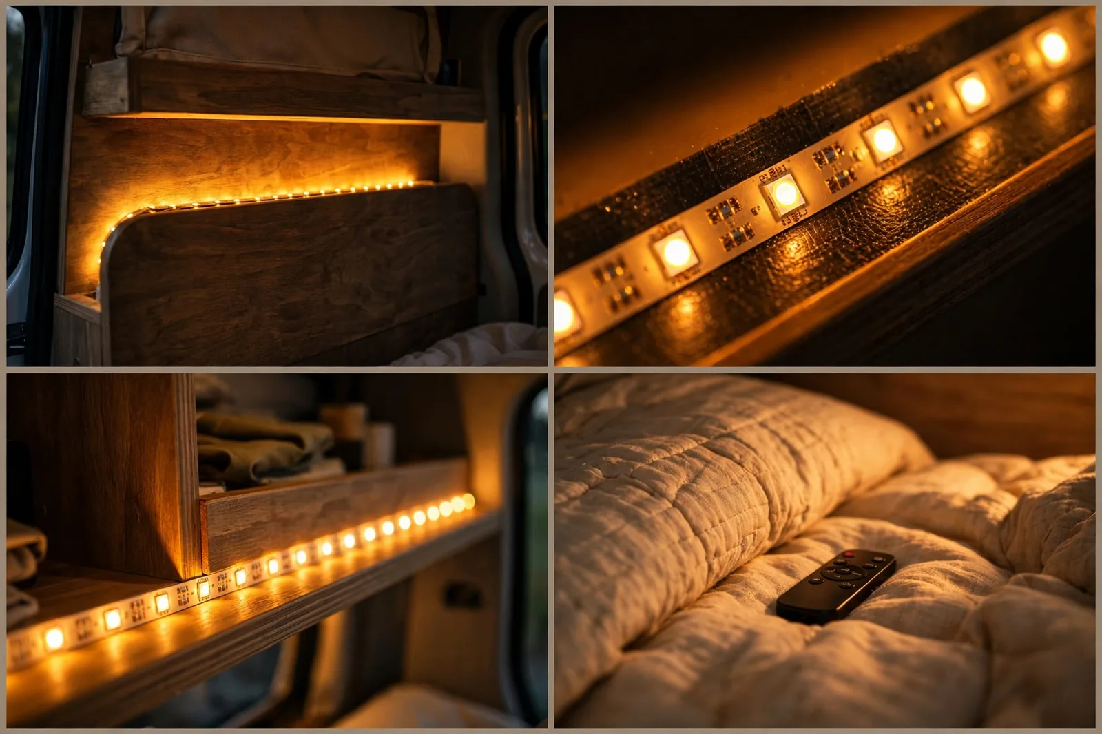Four-panel detail collage of a warm amber LED strip behind a camper van headboard and shelf showing the amber glow, strip along the shelf edge, and glow on bedding