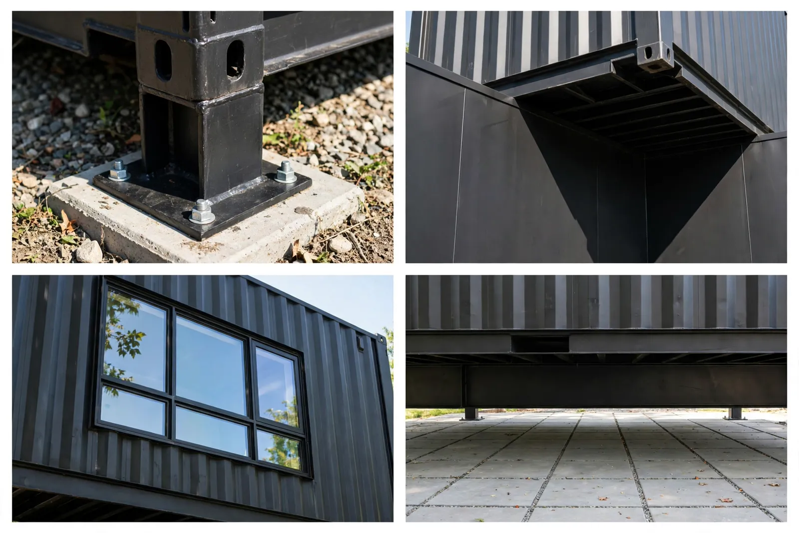 Four-panel collage: steel support column base, cantilever shadow line, upper-level window, patio paving under overhang