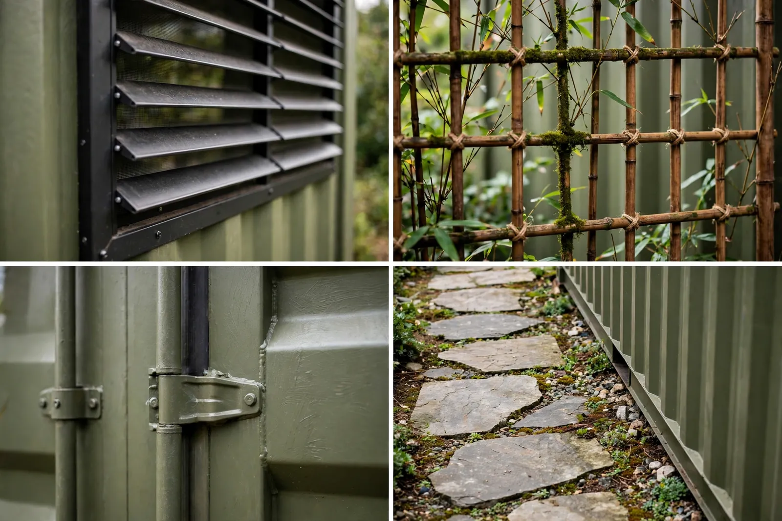 Four-panel collage: vent wall, bamboo screen, container door, stone path