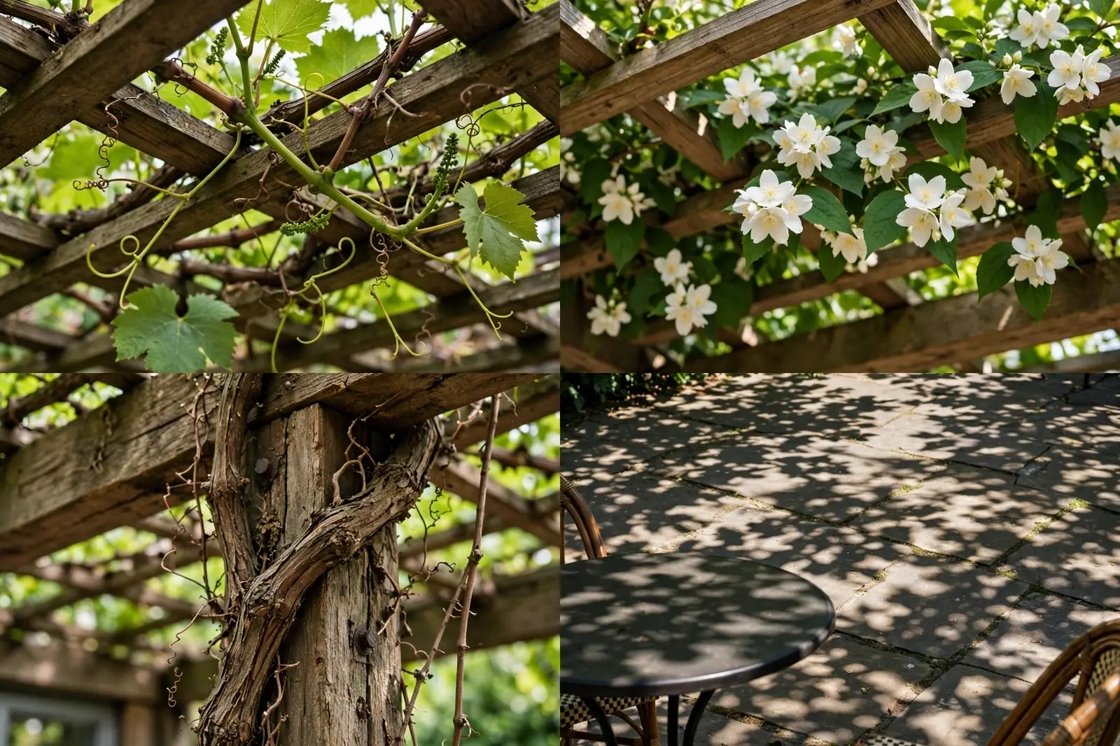 Four detail photos of a vine-covered trellis: grapevine tendrils weaving through wooden beams, white jasmine flowers blooming over the trellis, a gnarled vine trunk climbing a timber post, and dappled leaf shade on a stone patio with a bistro table.