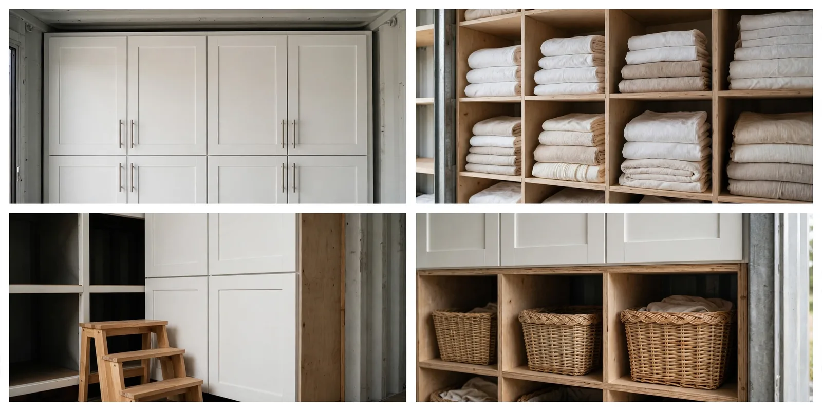 Storage wall details: white shaker cabinet doors, open cubbies with folded linens, wooden step stool, woven baskets