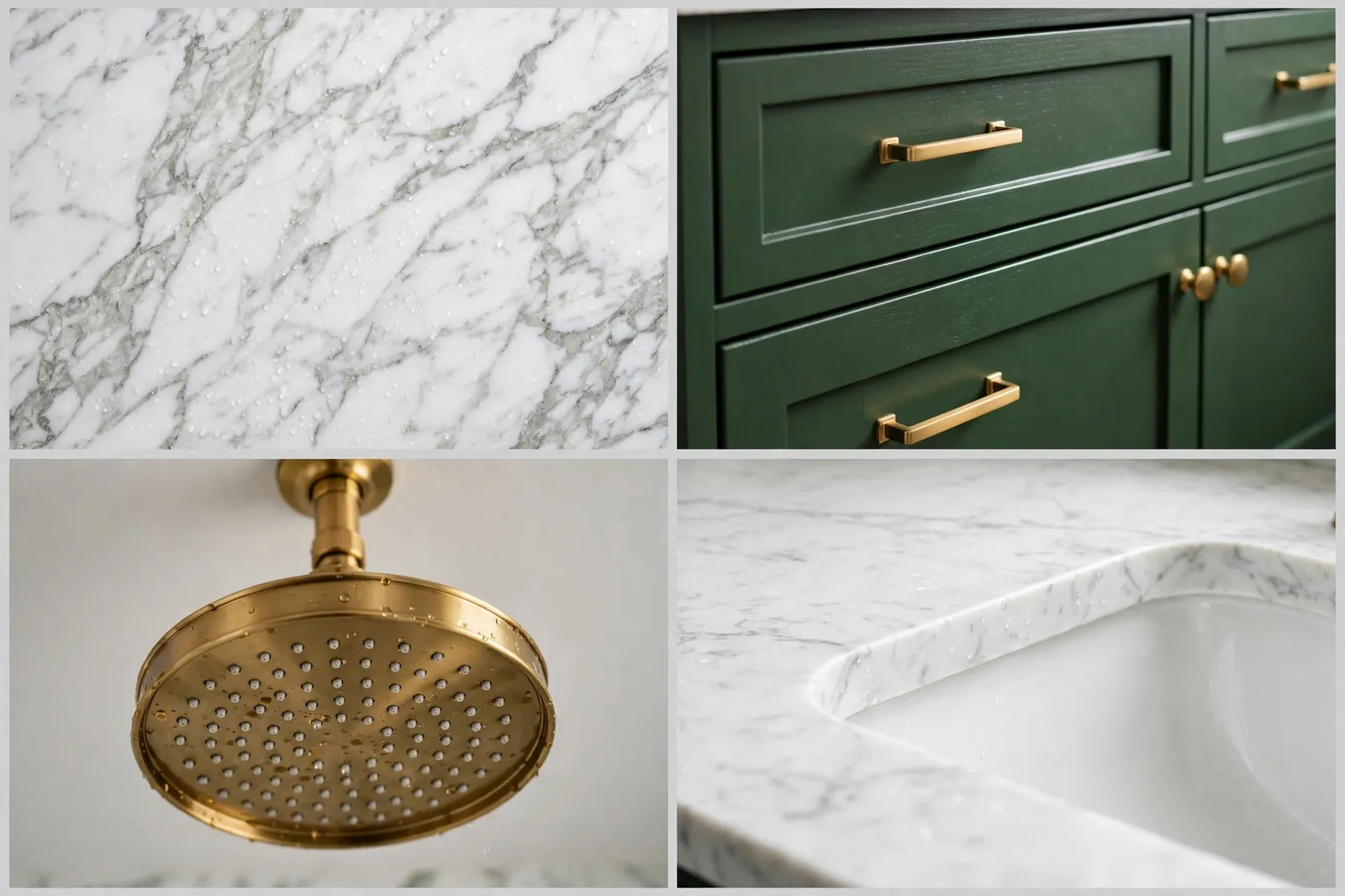 Four-panel collage of forest green and marble details: marble shower veining, green vanity with brass pulls, brass rainfall head and marble countertop