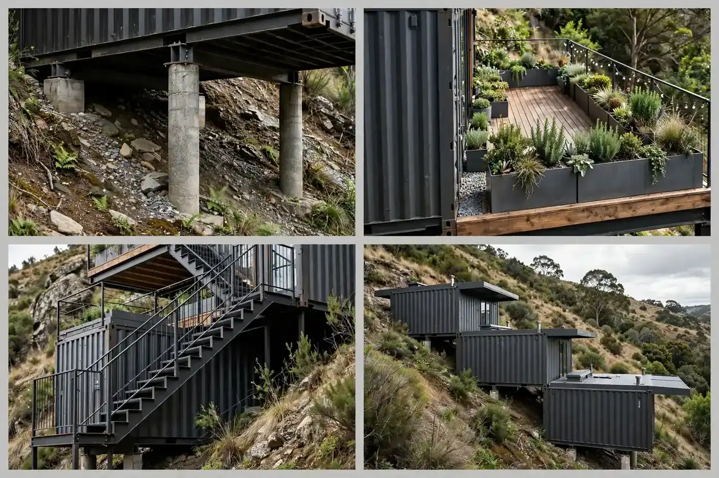 Four detail views of the Grandstand: concrete piers at each level, a terraced deck with planters, the zigzag staircase, and the stepped rooflines.