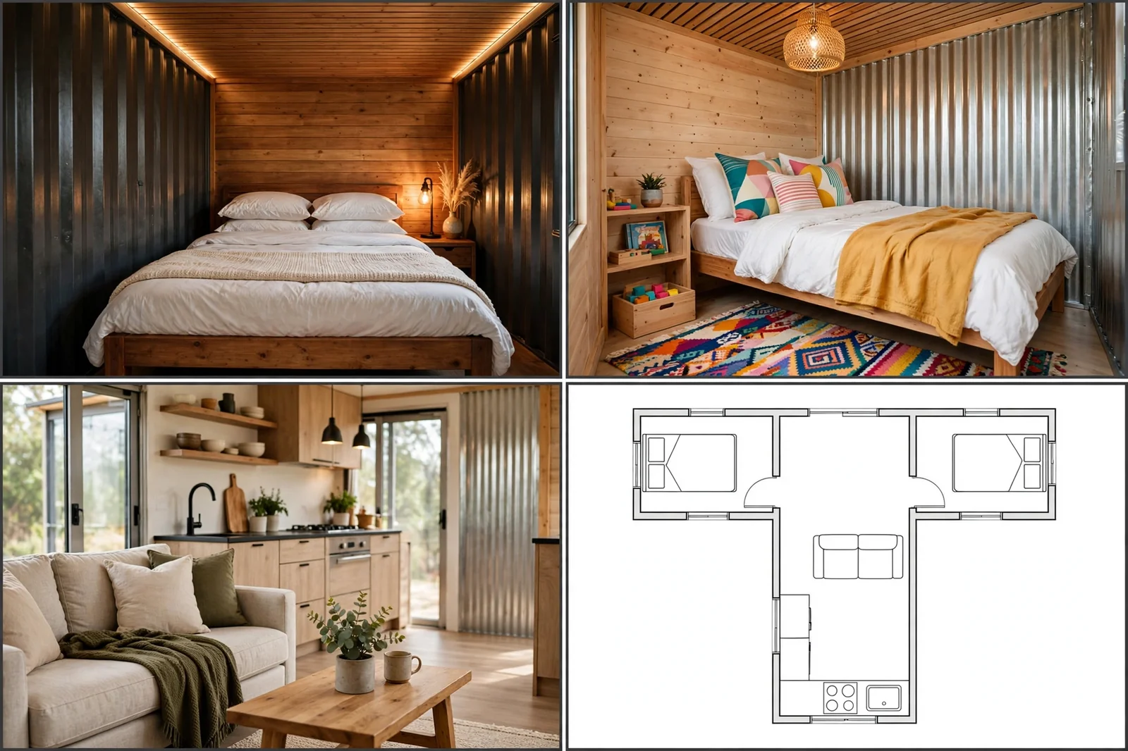 Four-panel collage of the T-shaped container home showing the master bedroom, kids bedroom, living room with kitchen, and a clean unlabelled line-art T floor plan.