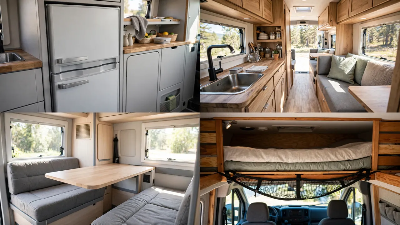 Close-up details of fridge-freezer, walkthrough aisle, dinette and overhead bunk