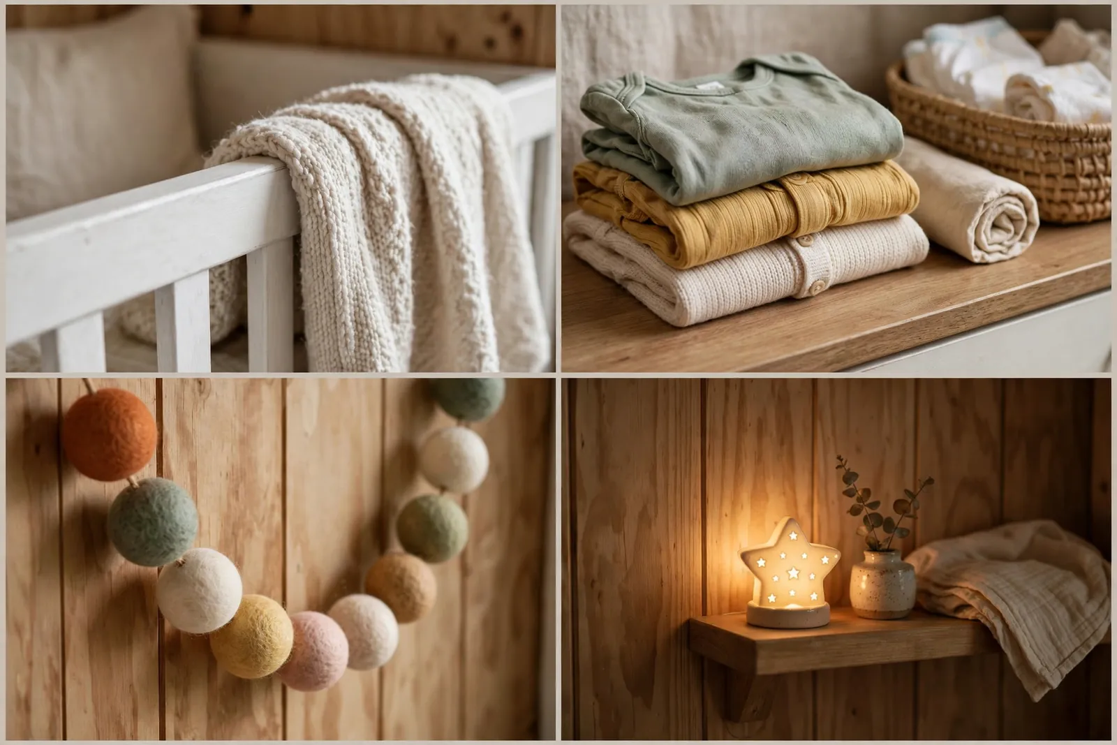 Nursery details: crib rail, changing dresser, felt garland, night light