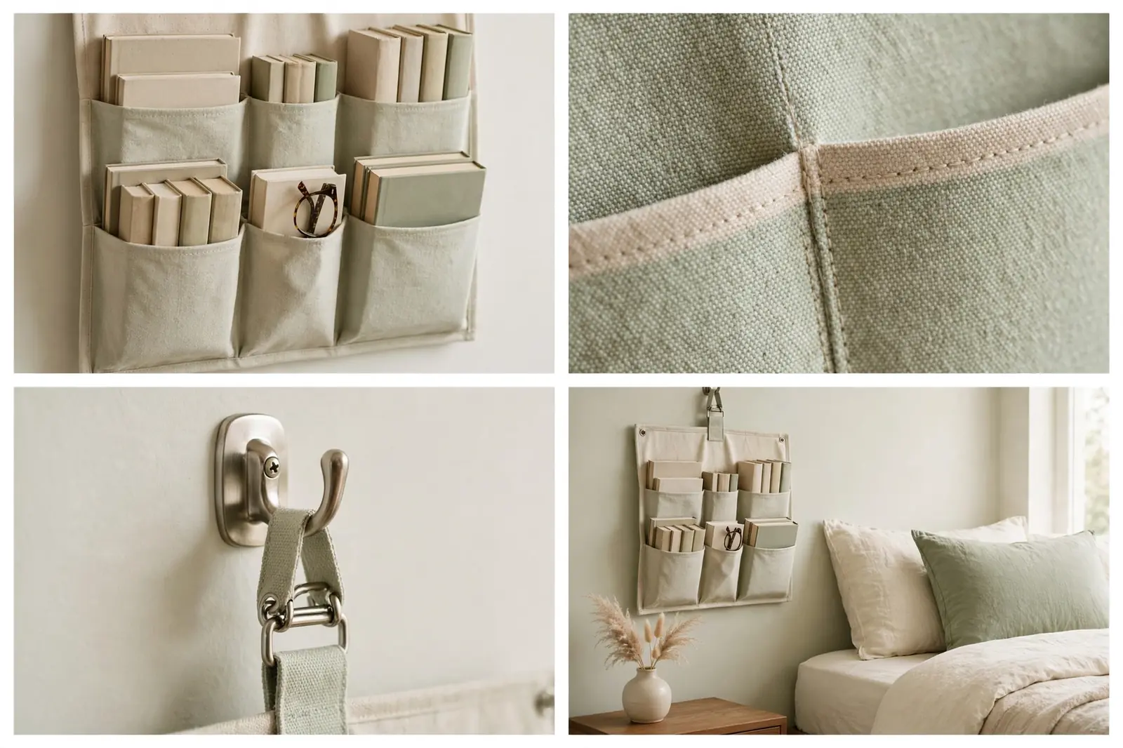 Four-panel collage showing hanging organizer pockets filled with books, wall pocket stitching detail, hook mount, and bedside view