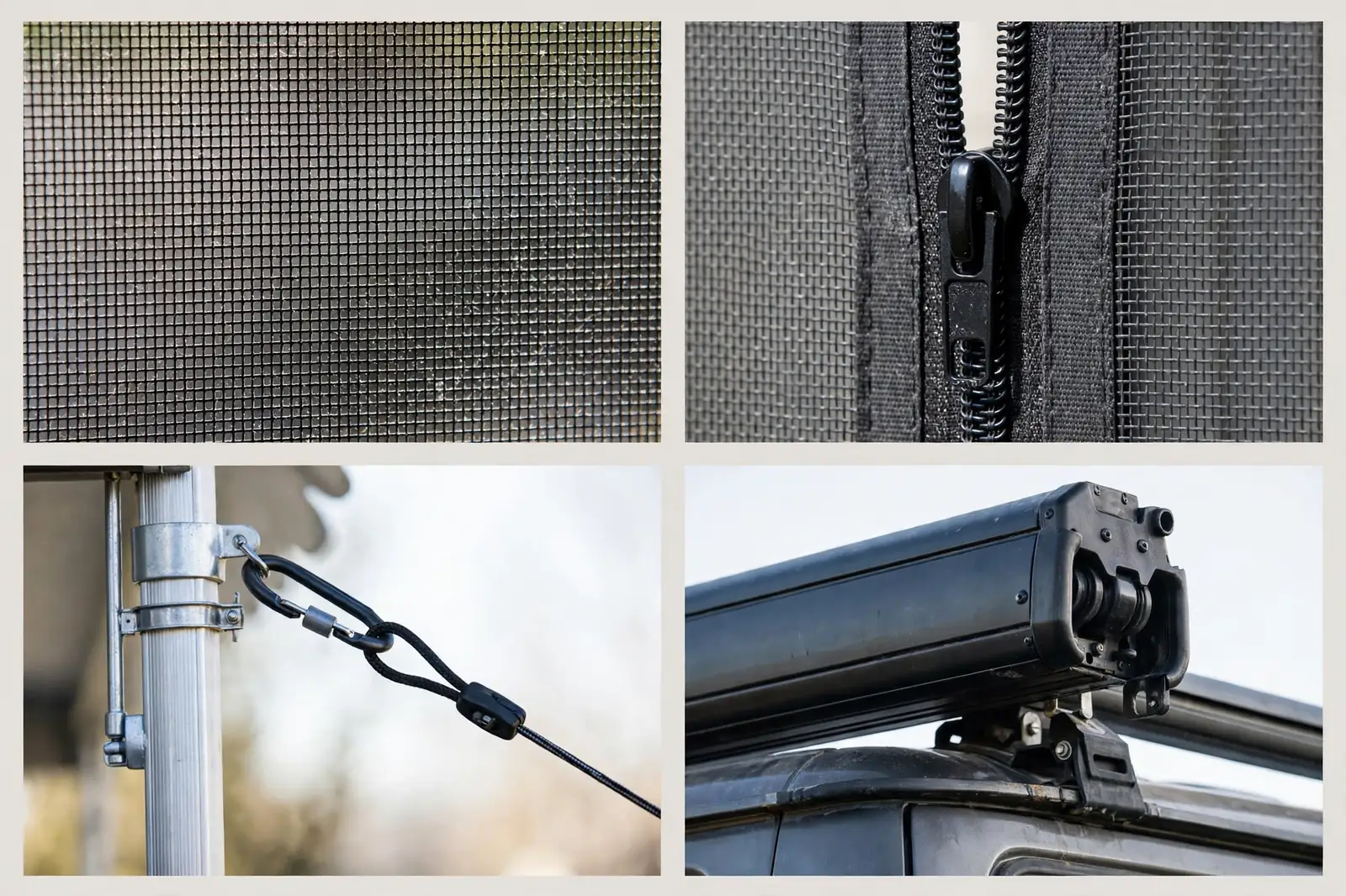 Four-panel collage: cab roof safety rail, front access ladder, deck support brackets, flooring edge trim