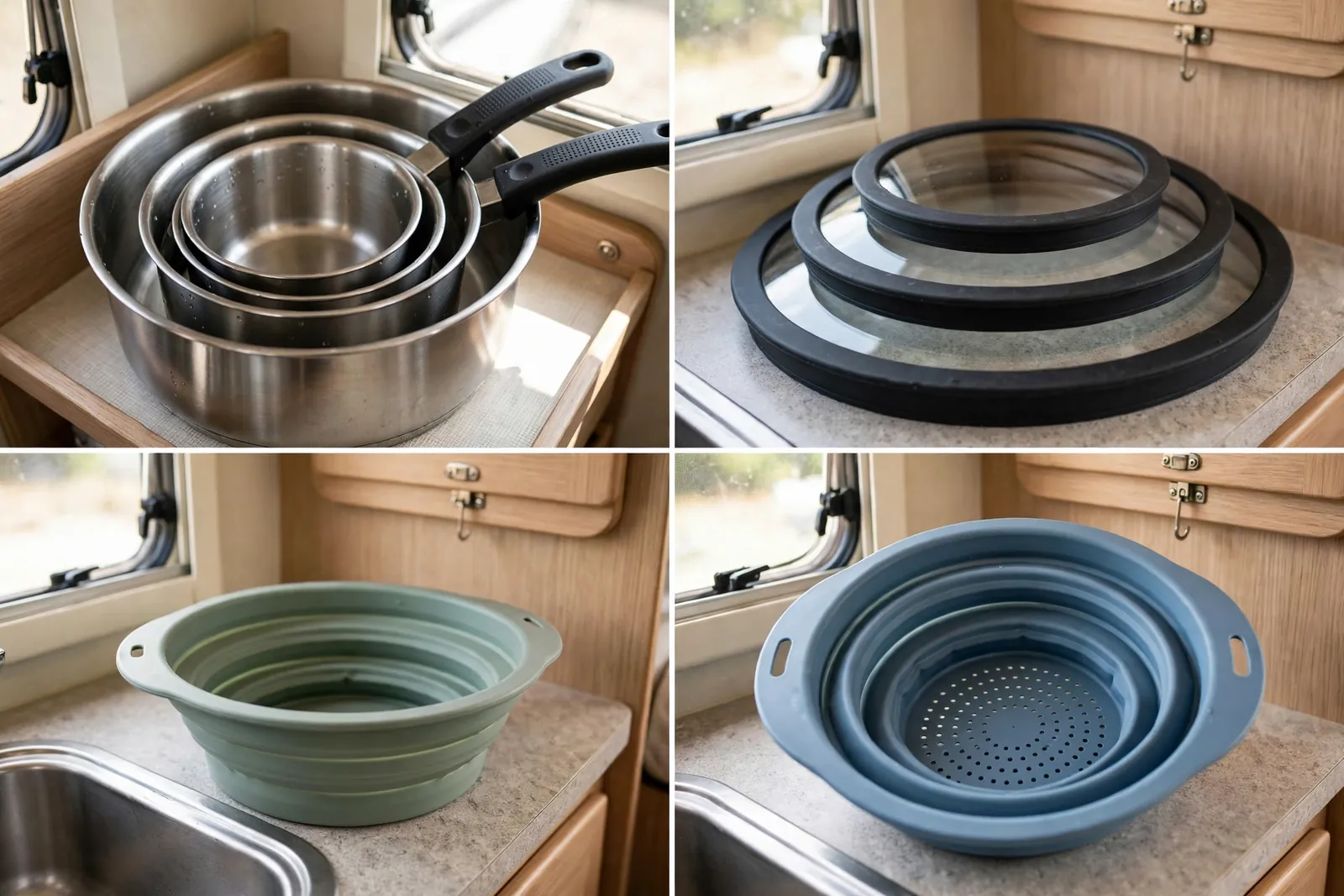 Detail collage: nested pots, stacked pan lids, collapsible bowl, collapsible colander
