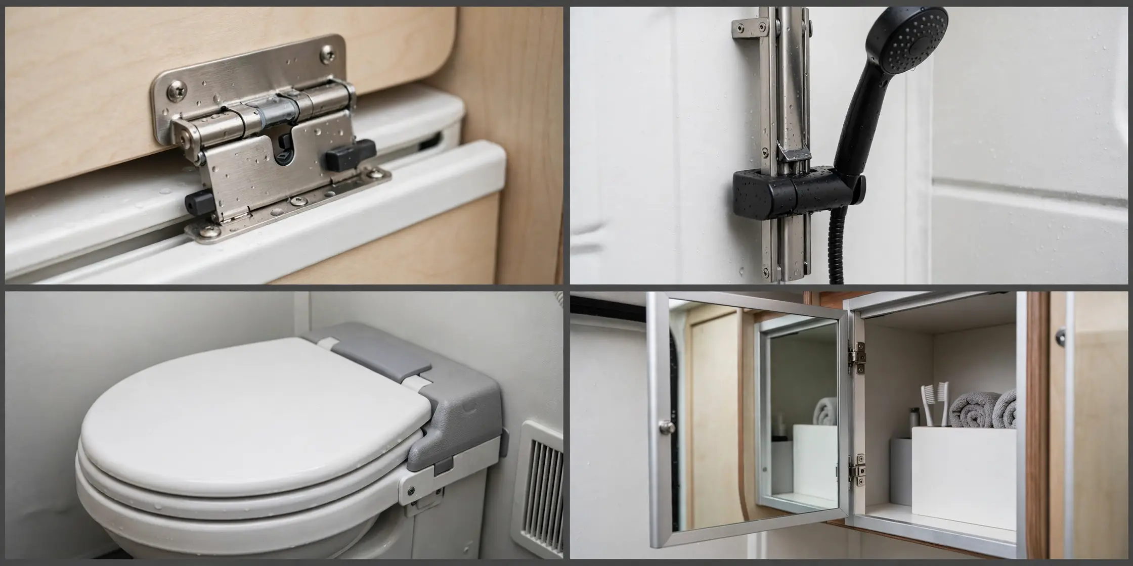 Close-up details of a fold-down sink camper van wet bath: sink hinge, handheld shower rail, toilet and mirror cabinet