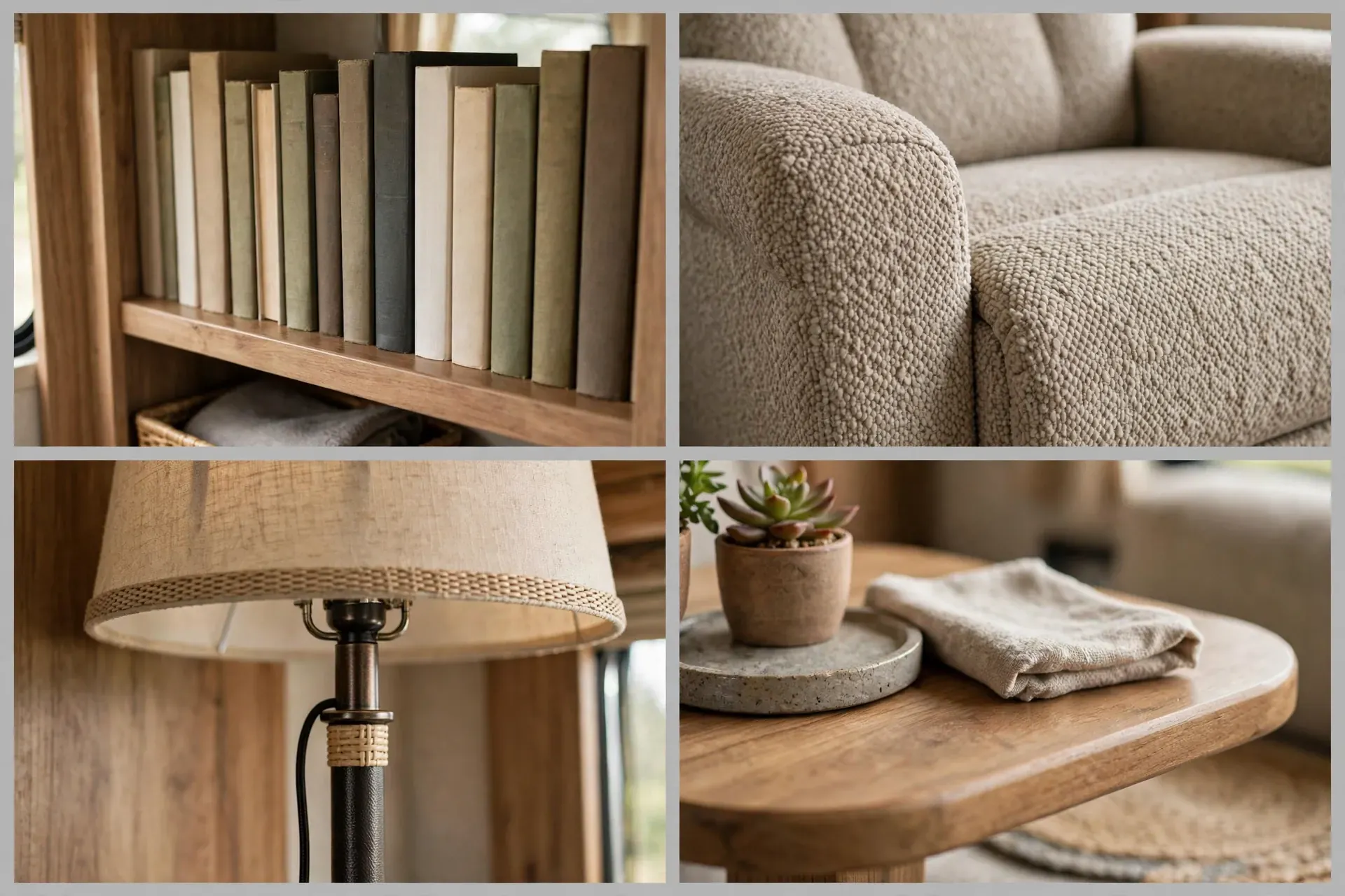 Close-up details of the RV recliner and bookshelf lounge: unlabelled book spines, recliner fabric, floor lamp and small table