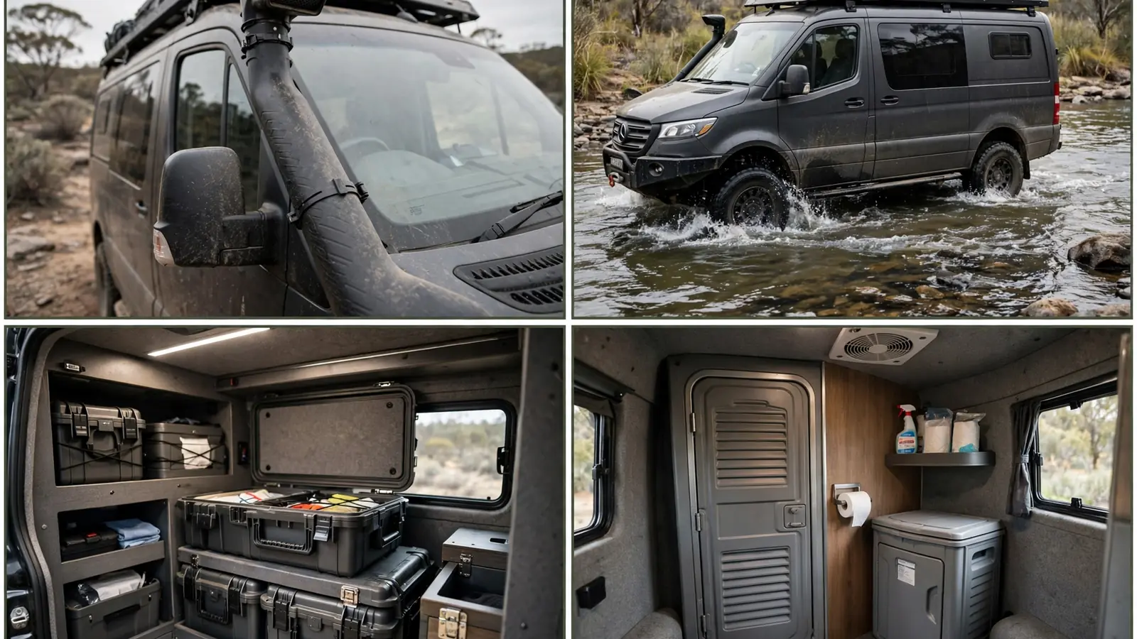 Four-panel detail collage of the Riverbed Ram Van showing snorkel, clearance, dry storage and toilet compartment