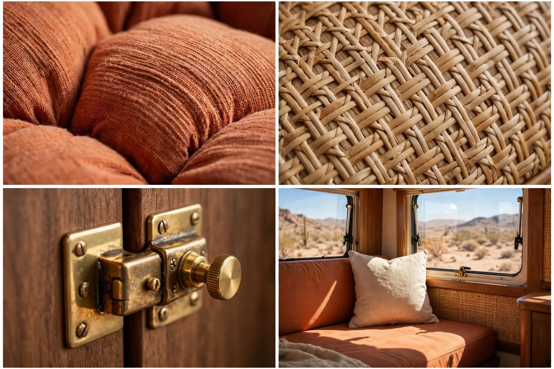 Detail collage of terra cotta cushion fabric, woven texture, brass accent and sunlit window seat