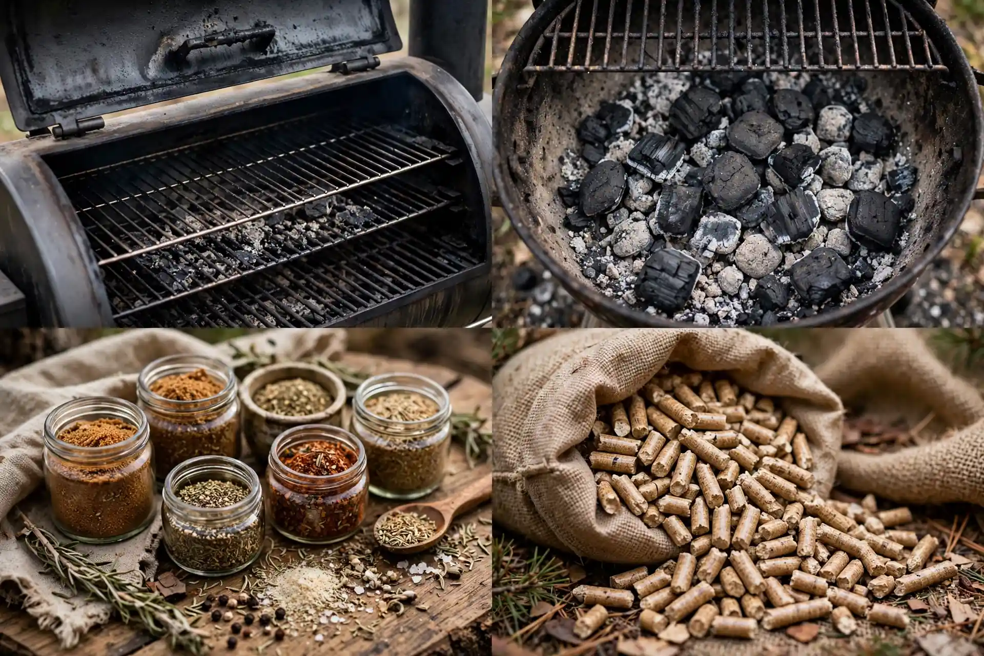 Detail collage of the smoker corner: smoker racks, charcoal grill, spice rubs, wood pellets