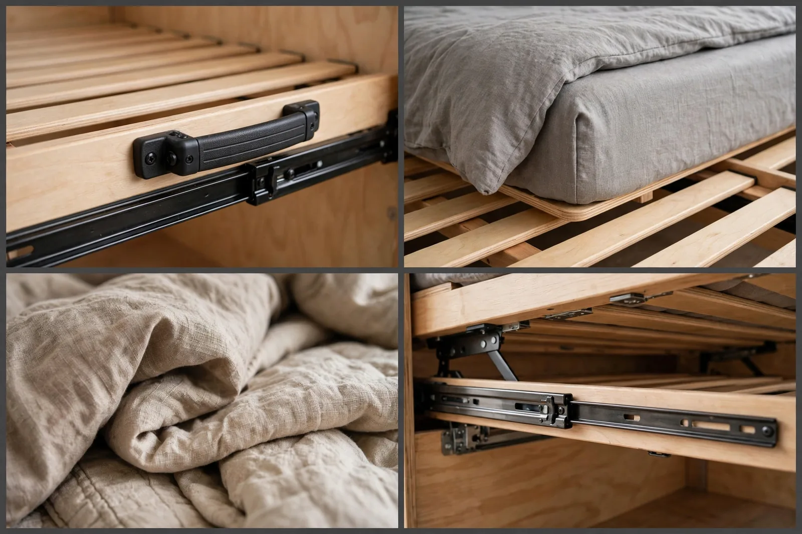 Four-panel detail collage of the pull-out slatted bed frame showing wooden slats, a black pull handle with slide rails, the mattress edge on the slats, and rumpled beige linen bedding