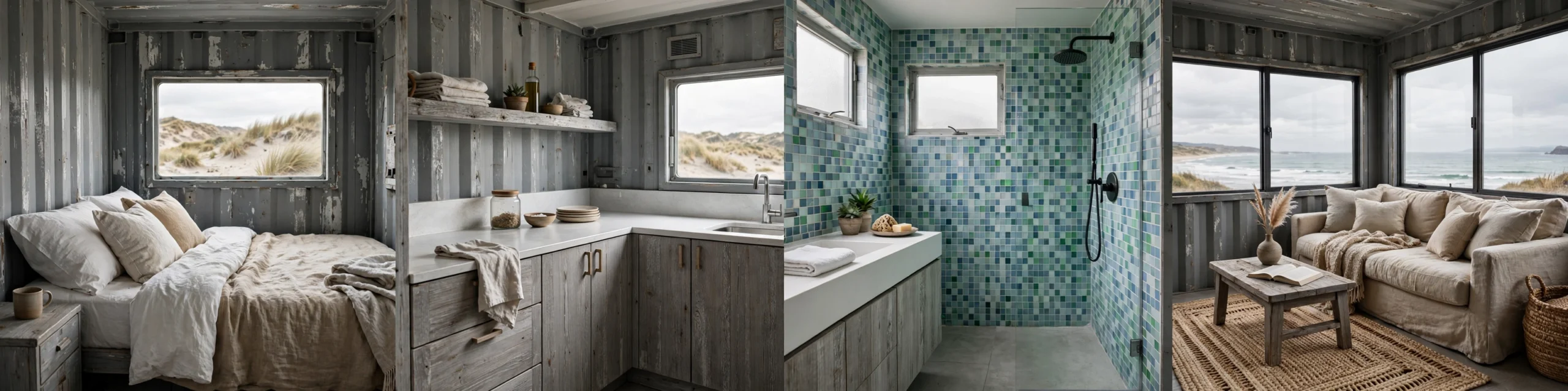 Interior collage of the dune cabin: sand-toned bedroom, driftwood kitchen, sea-glass bathroom, and linen living area facing the ocean