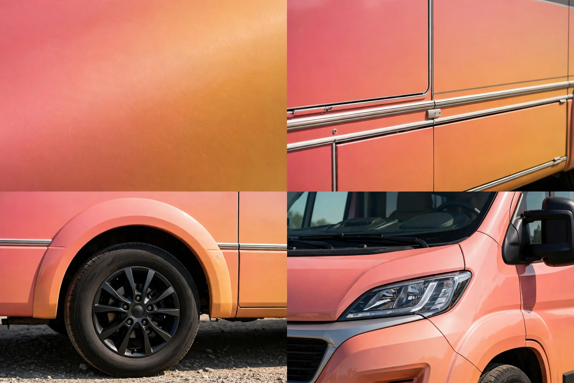 Four-panel detail collage of the sunset gradient coral to amber motorhome design