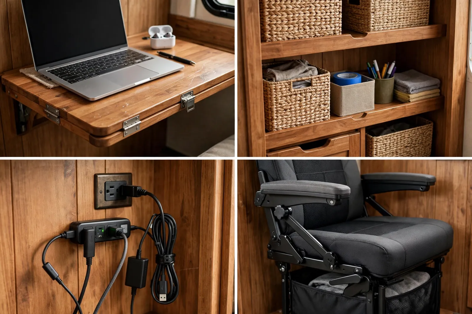 Four-panel detail collage of a closet office nook showing the fold-down desk surface, basket storage shelves, power outlet and cable setup, and compact office chair