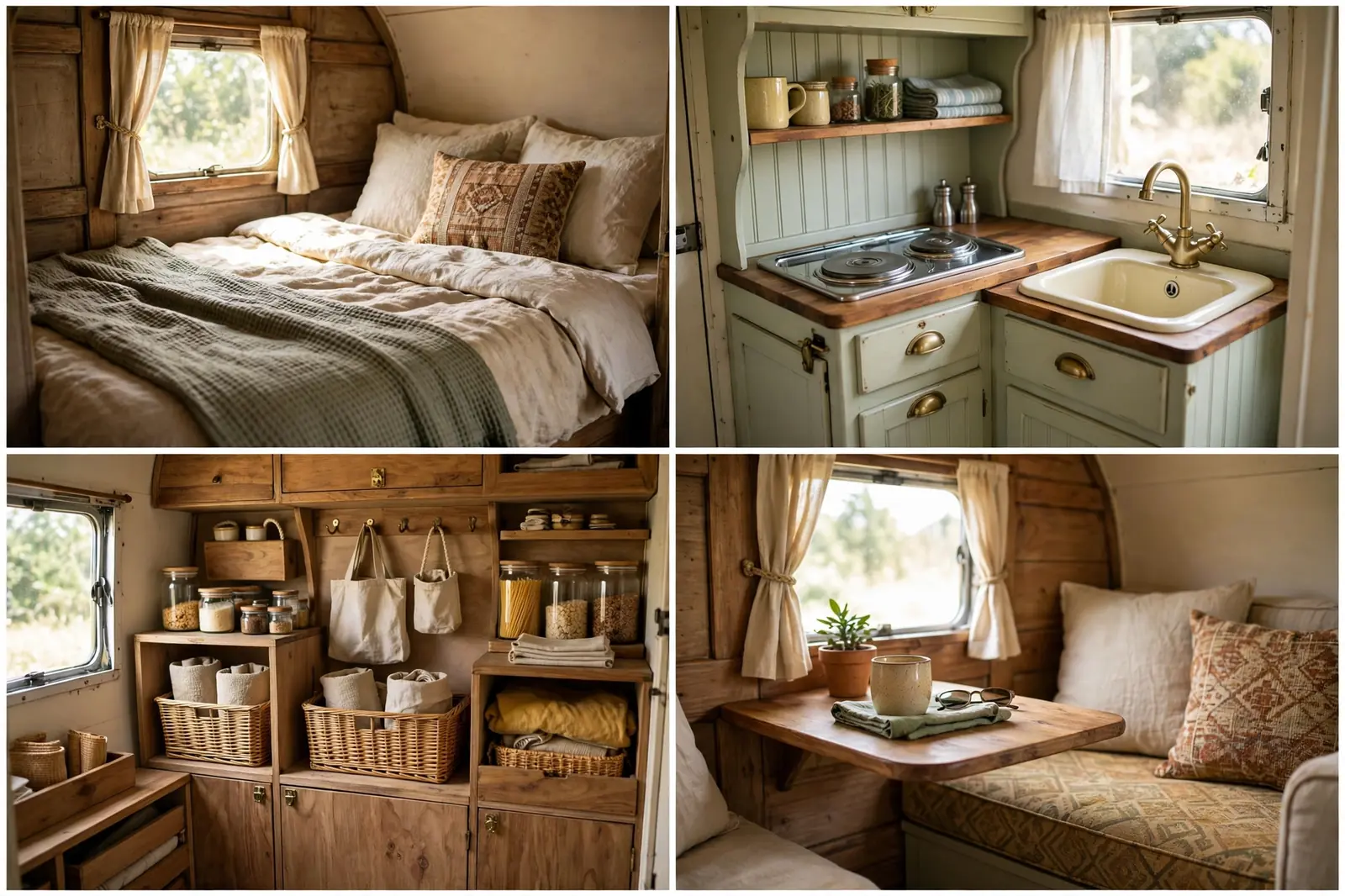 Four interior details of a vintage camper trailer: bed, kitchenette, storage baskets, and seating nook