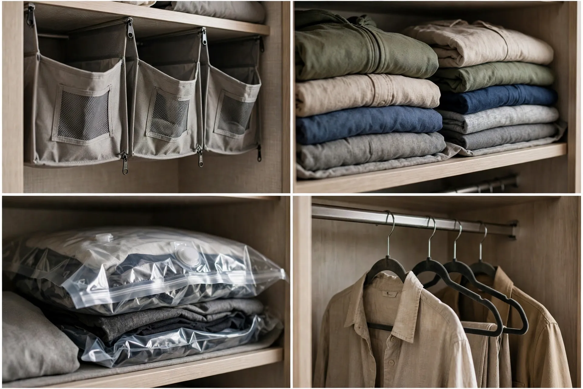 Close-up details of an RV closet system: hanging cubes, folded clothes, vacuum bag and slim hangers