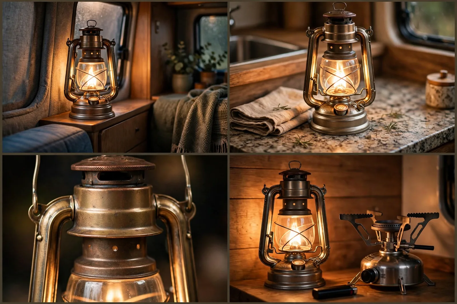 Four-panel detail collage of a warm glowing camping lantern in a camper van showing the lantern on a counter, handle detail, and light on a wood wall and beside a stove