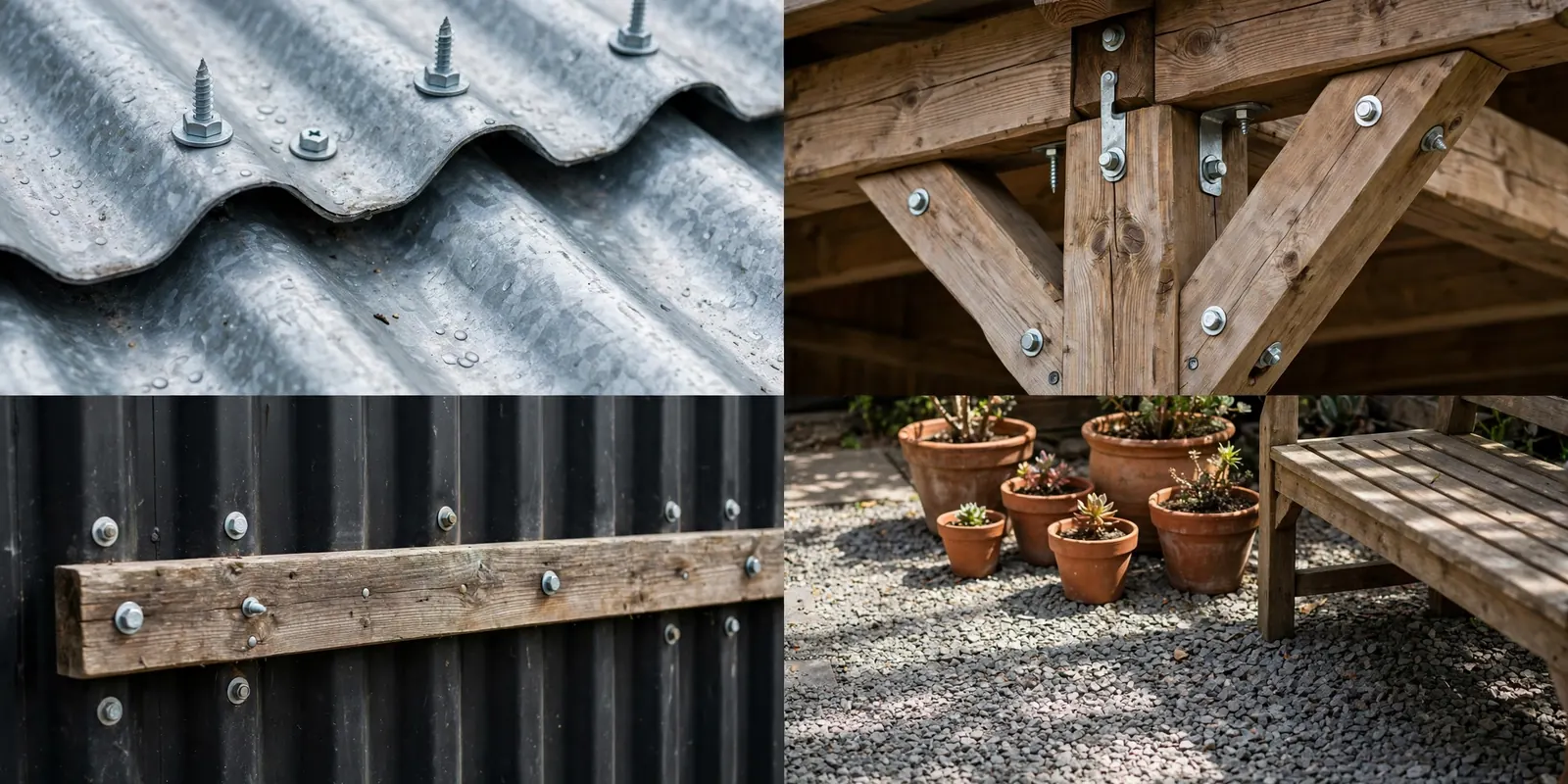 Four detail photos of a corrugated lean-to roof: galvanized corrugated panels with screw fasteners, a timber post top meeting the lean-to beam with a knee brace, a ledger board bolted to a black container wall, and a gravel patio with terracotta pots and a wooden bench in the shade.