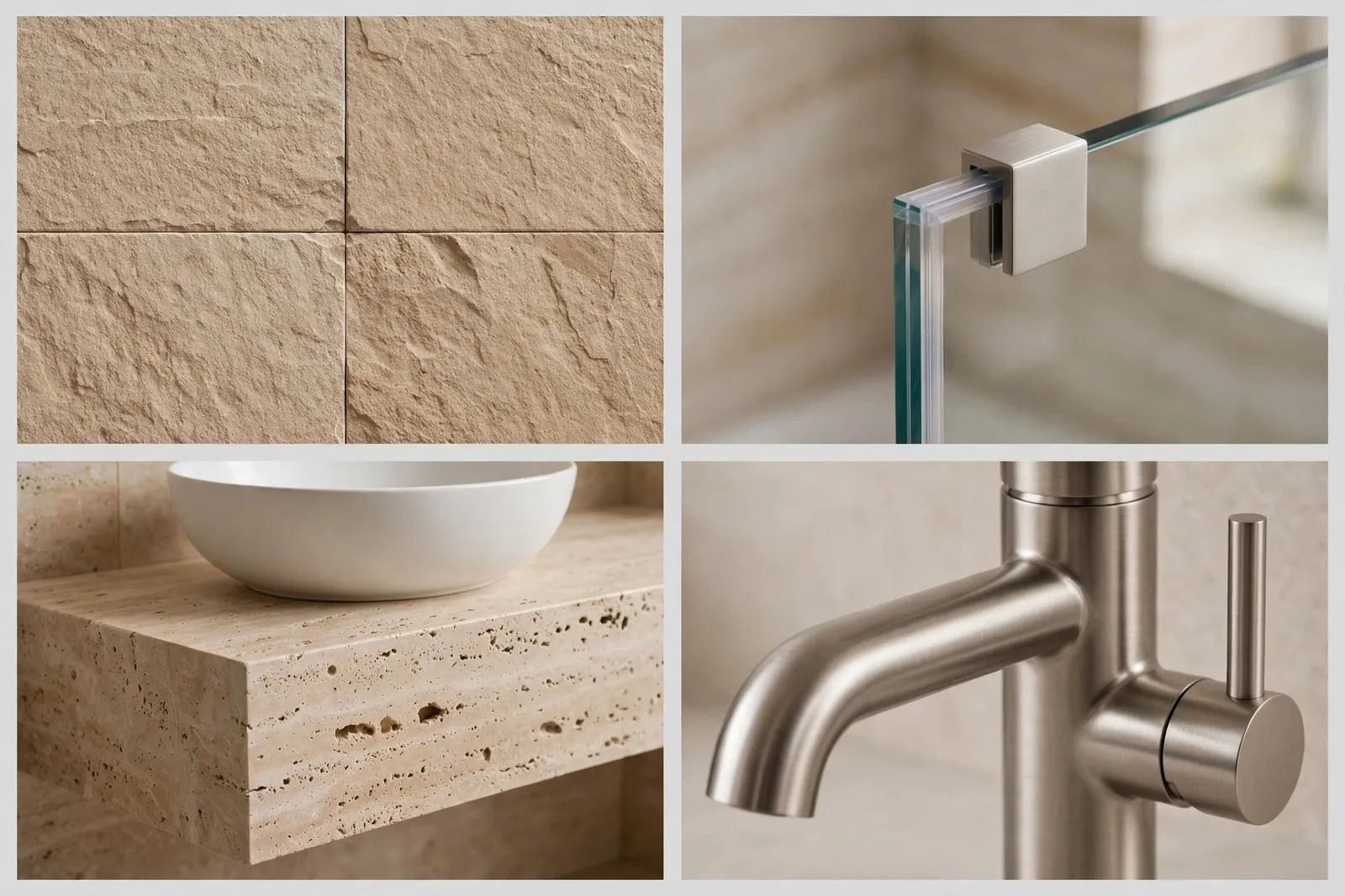 Four-panel collage of sandstone minimalist details: sandstone texture, frameless glass shower, floating vanity and brushed nickel faucet