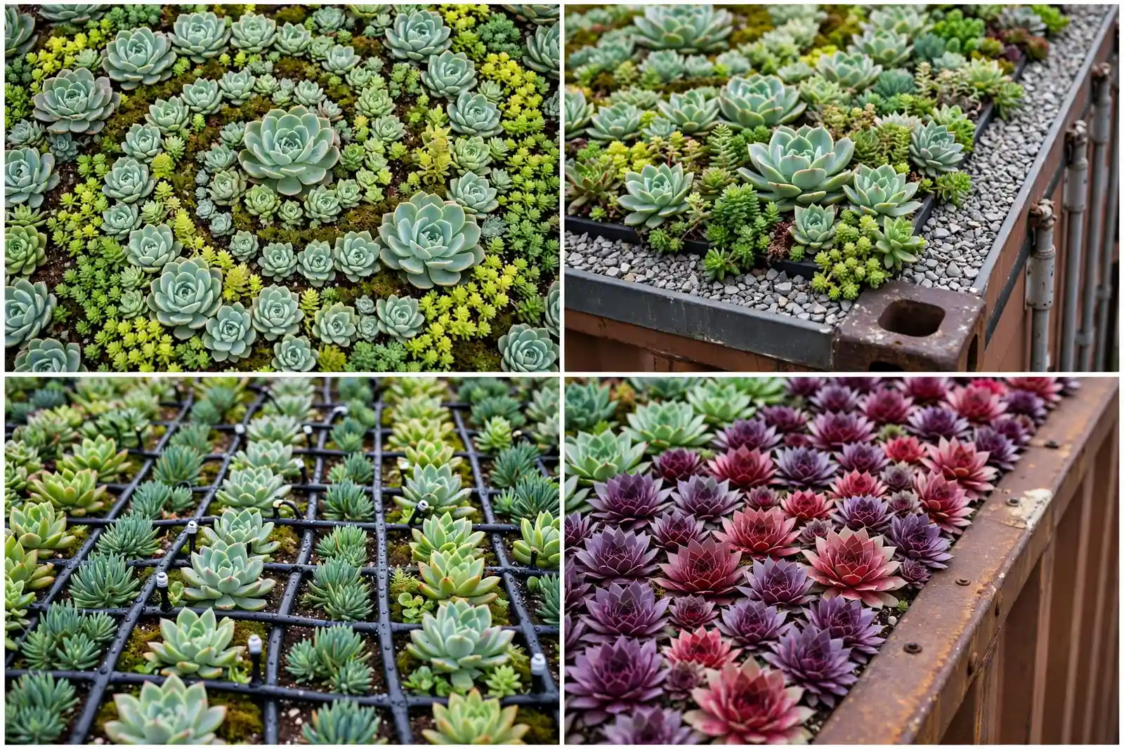 Detail collage of the succulent mosaic showing echeveria swirls, gravel mulch tray edge, drip grid and purple sempervivum section