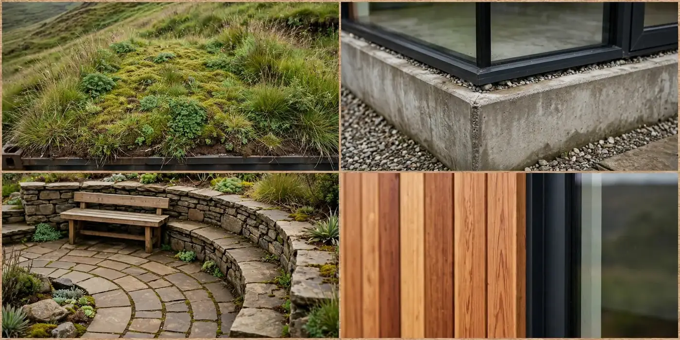 Four detail views of the Meadow Bank: grassy roof merging with the hill, concrete stem wall foundation, curved stone patio, and cedar cladding detail.