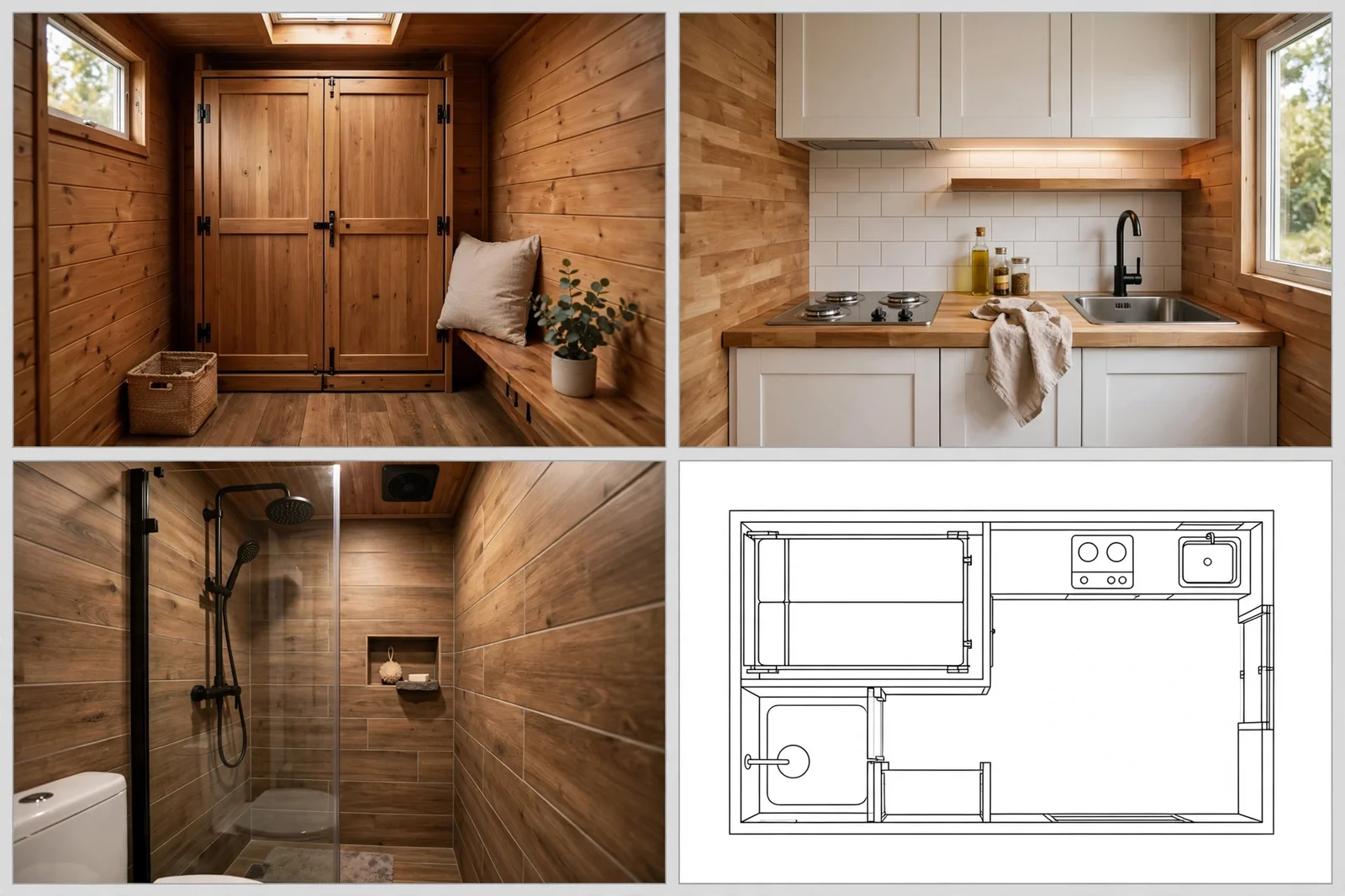Four-panel collage of the 20-foot container retreat showing the folded murphy bed, compact kitchenette, tiny bath corner, and a clean unlabelled line-art plan.