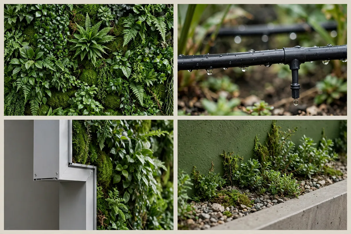 Green wall details: plant close-up, irrigation line, wall edge trim, and planter behind the wall