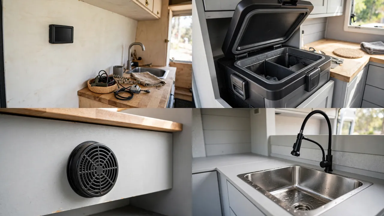 Close-up details of battery monitor, 12V fridge, heater vent and deep utility sink