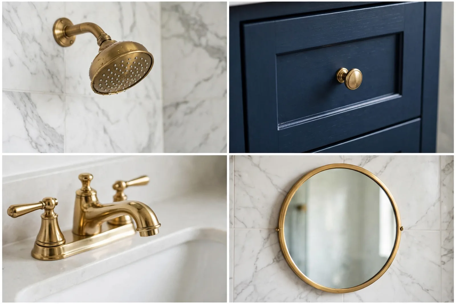 Detail collage: brass showerhead, navy vanity hardware, brass faucet, brass mirror