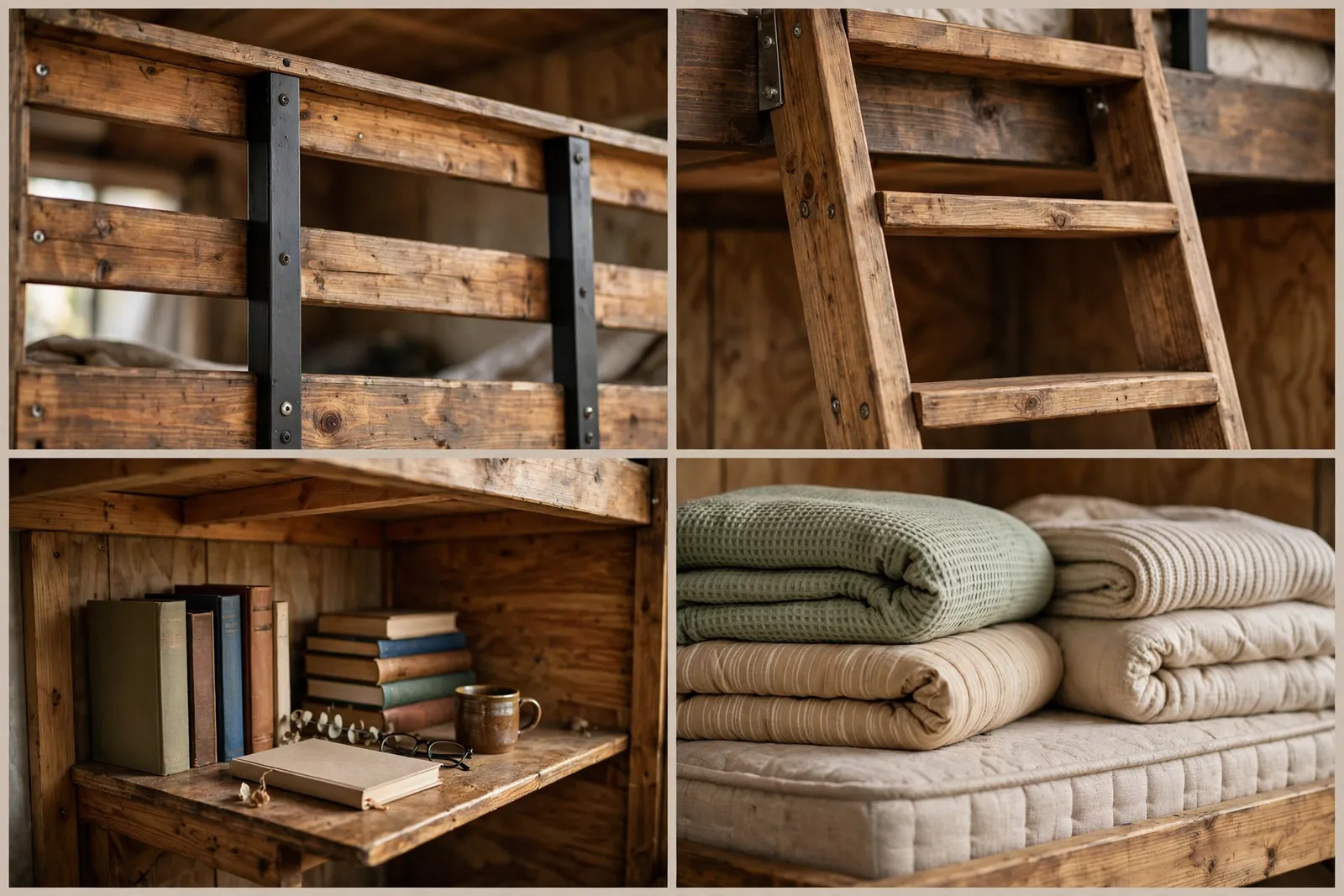 Teen loft details: safety railing, ladder, under-loft desk, loft bedding