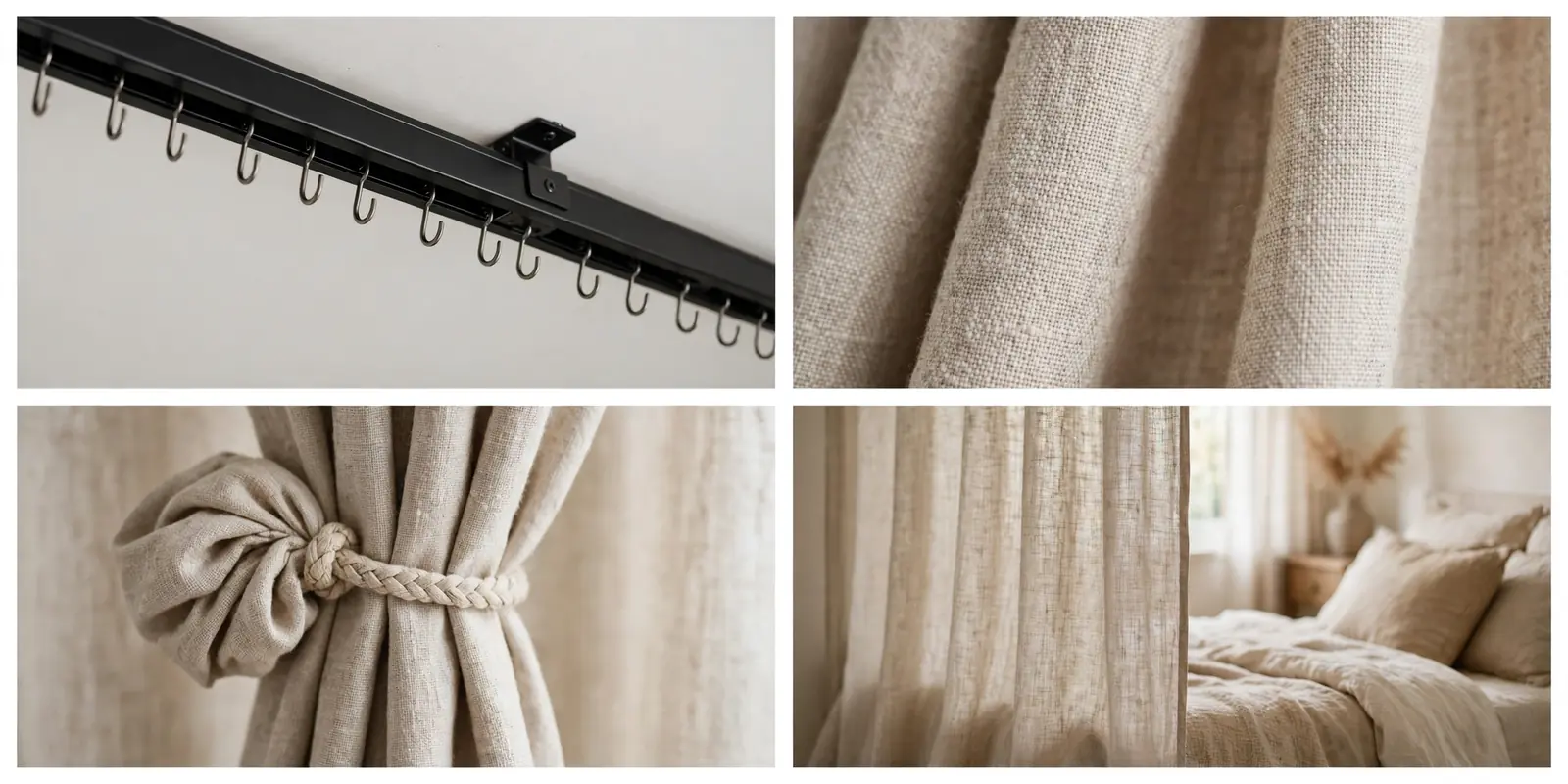 Four-panel collage showing ceiling track detail, curtain fabric texture, curtain tie-back, and the divided bed zone