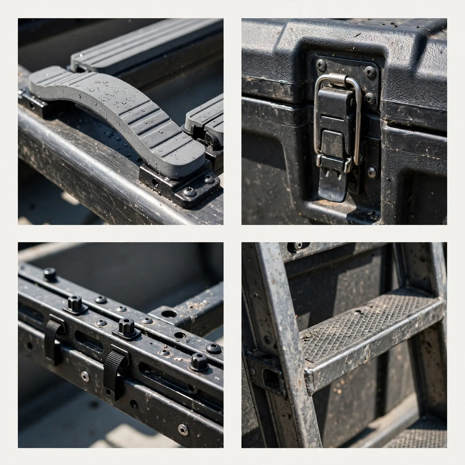 Four-panel collage: mesh screen texture, screen door zipper, guyed support leg, awning cassette housing