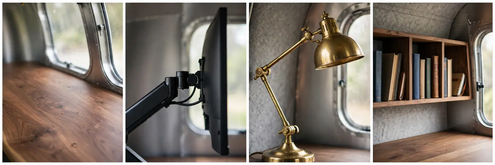 Four detail panels: walnut desk at curved window, monitor arm, brass task lamp, open cubby book shelves