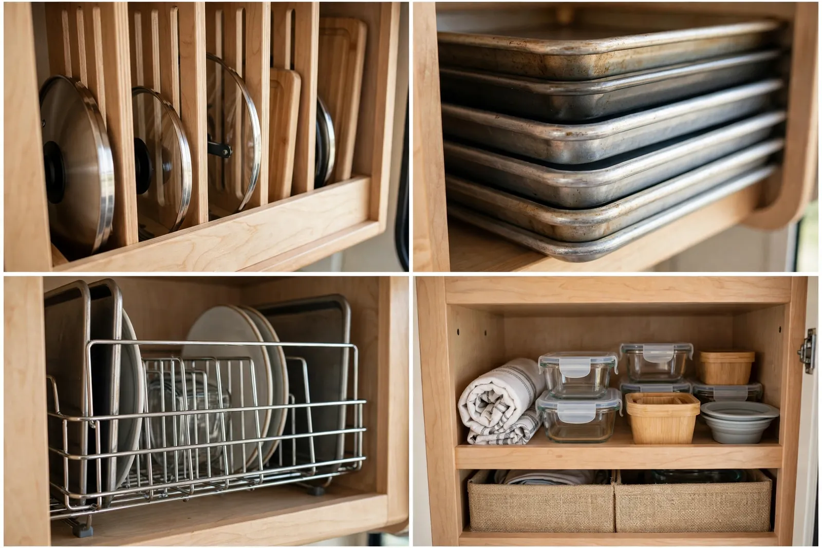 Detail collage: vertical lid slots, baking sheet edges, divider rack, tidy cabinet interior