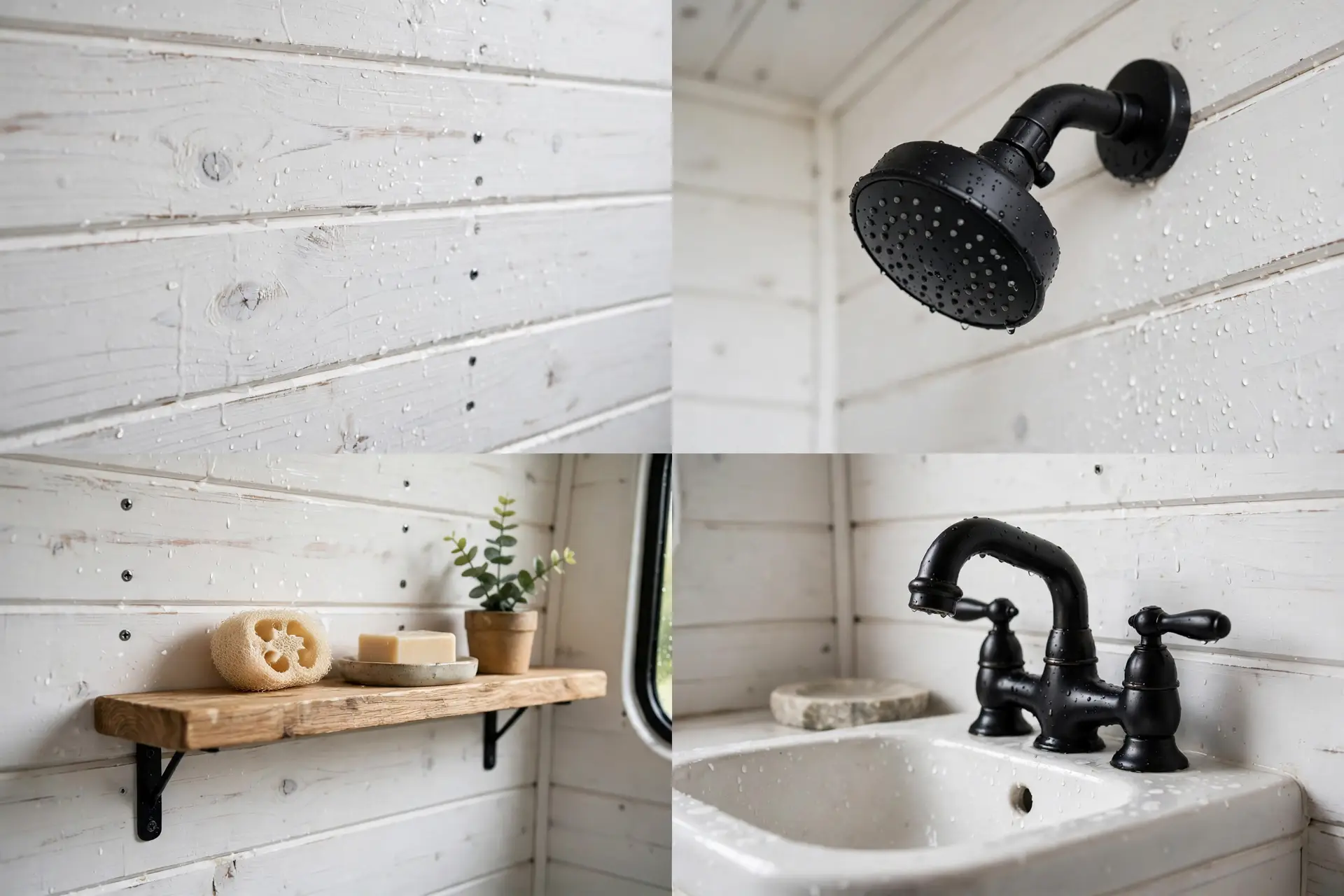 Close-up details of a farmhouse camper van wet bath: shiplap texture, black shower head, wooden shelf and sink faucet