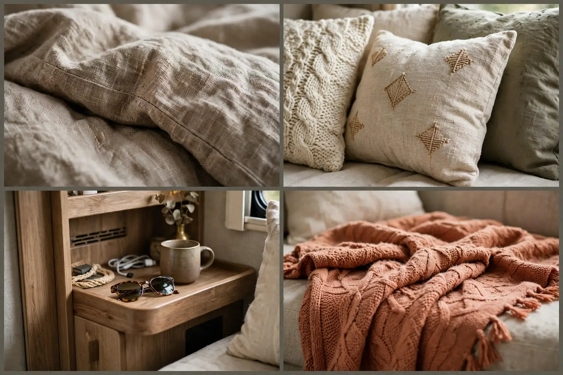 Close-up details of the RV sofa bed lounge: bedding texture, pillows, side shelf and throw blanket